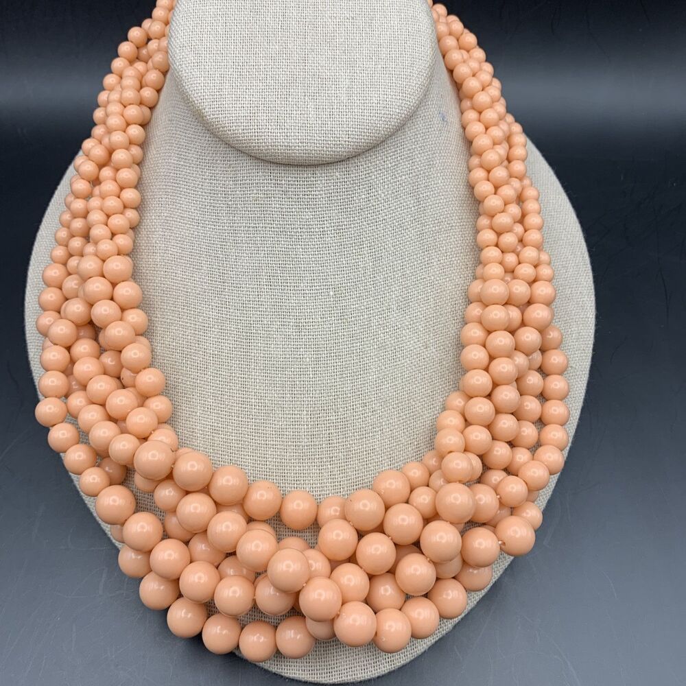 Light Coral Pink Color Plastic Bead Necklace Woven Chunky Retro Look Graduated